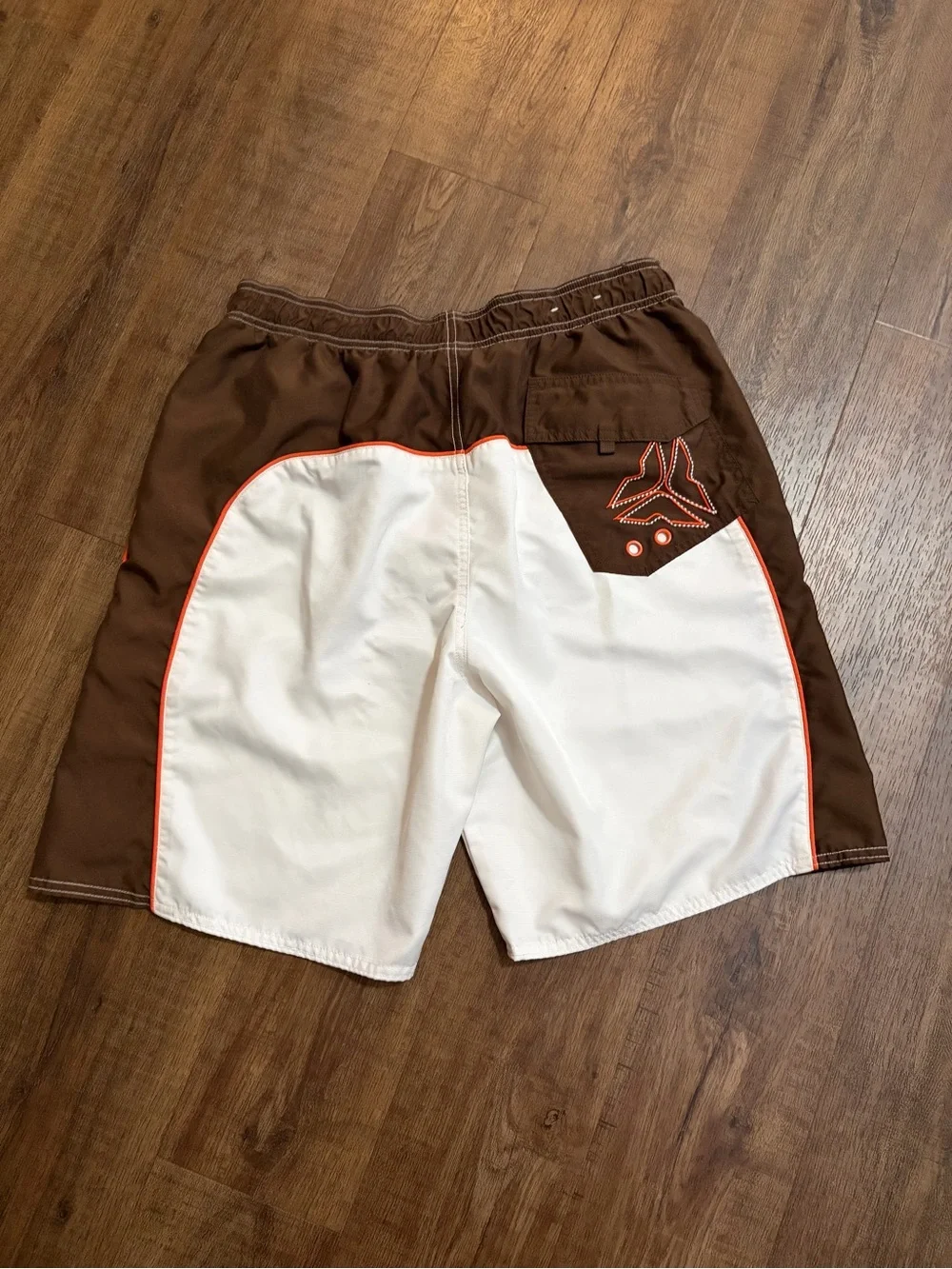 Old Navy White Swim Trunks with Brown Panels and Orange Trim